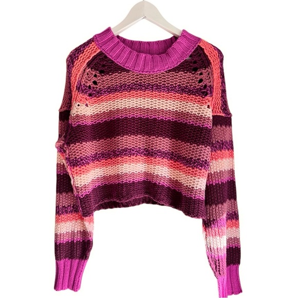 Free People Devon Cropped Knit Striped Sweater in Fuchsia Rose, Sz Sm - Picture 13 of 16
